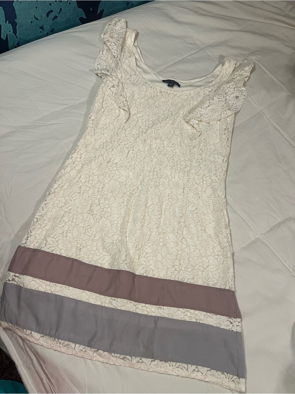 American Eagle Ivory Lace Mini Dress with Mauve and Gray Bands